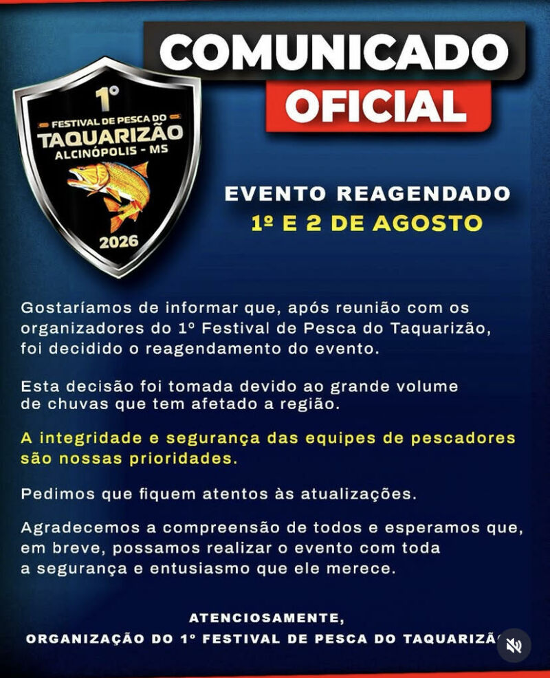 Imagem ilustrativa da matéria Chuvas adiam 1º Festival de Pesca do Taquarizão para agosto em Alcinópolis